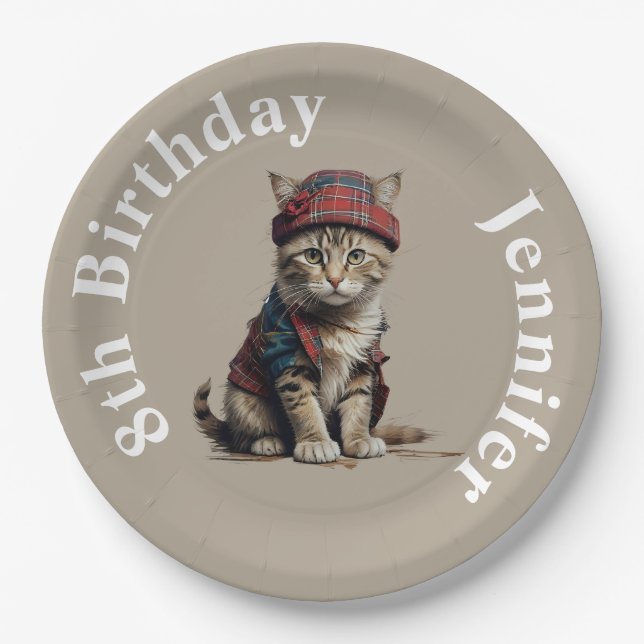 Plato De Papel lindo gato de cumpleaños con disfraz escocés (Anverso)