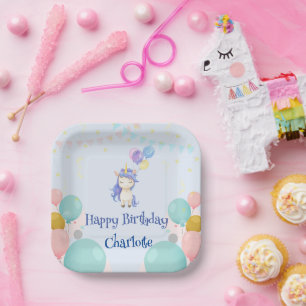 Plato De Papel lindo globo de unicornio con niños de fiesta de cu