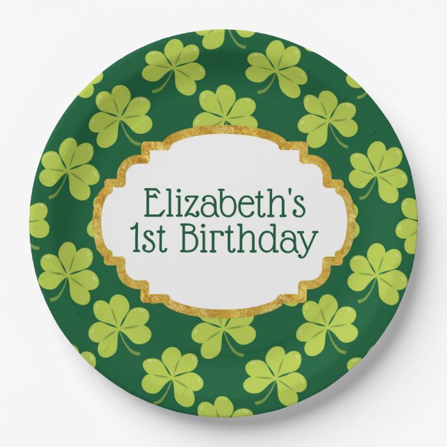 Plato De Papel Lindo Green Clover Shamrock Pattern Cumpleaños (Anverso)