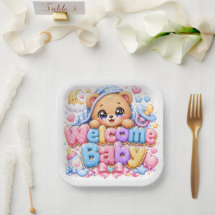 Plato De Papel Lindo Kawaii Bienvenido Bebé Oso de Peluche Rosa P