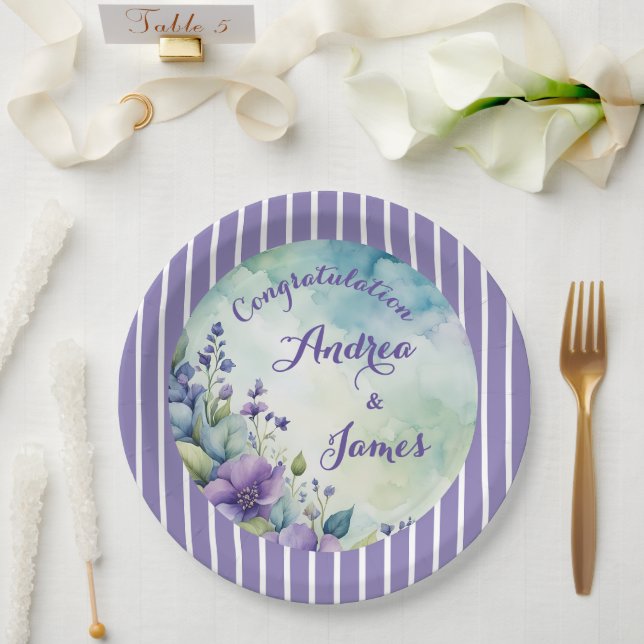 Plato De Papel Lindo Lavanda y Floral Rayado (Boda)