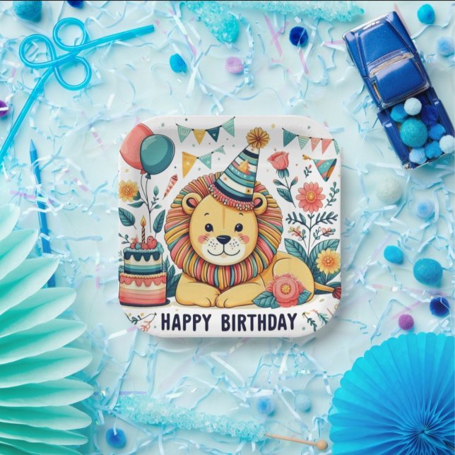 Plato De Papel Lindo León Feliz Cumpleaños Sombrero de Fiesta (Subido por el creador)