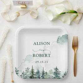 Plato De Papel Lindo matrimonio personalizado de bosques de pinos