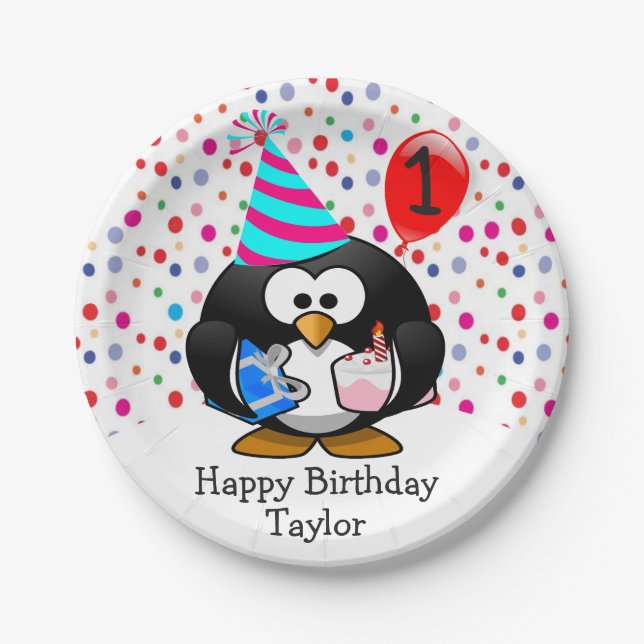 Plato De Papel Lindo Niño 1er Cumpleaños Pingüino (Anverso)