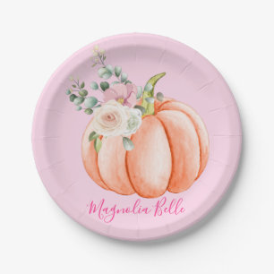 Plato De Papel Lindo nombre de calabaza pequeña floral rosa sonro