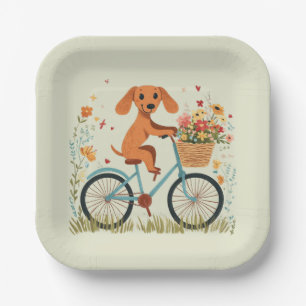 Plato De Papel Lindo perro Dachshund en bicicleta con flores de p