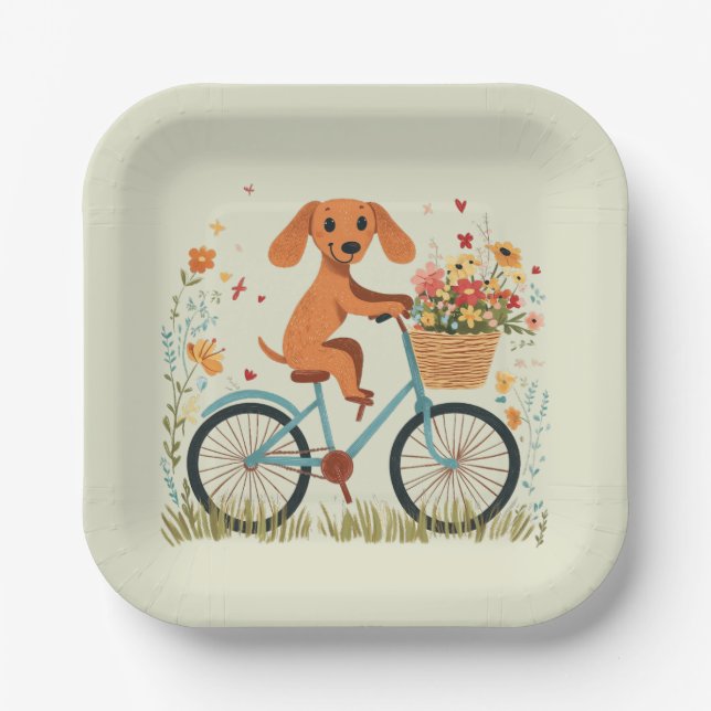 Plato De Papel Lindo perro Dachshund en bicicleta con flores de p (Anverso)