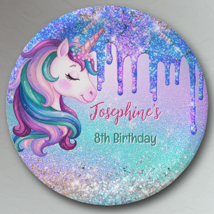 Plato De Papel Lindo Unicornio azul verde goteo cumpleaños