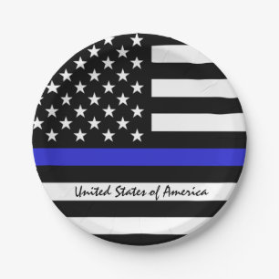 Plato De Papel Línea Azul delgada y policía de bandera estadoun