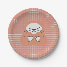 Plato De Papel Línea de rejilla personalizada marrón gato lindo