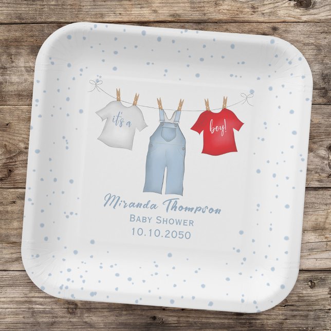 Plato De Papel Línea de ropa blanca de Baby Shower azul (Subido por el creador)