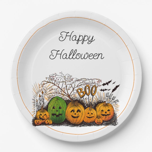 Plato De Papel Línea Jack-O-Lantern hacia arriba (Anverso)