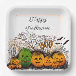 Plato De Papel Línea Jack-O-Lantern hacia arriba