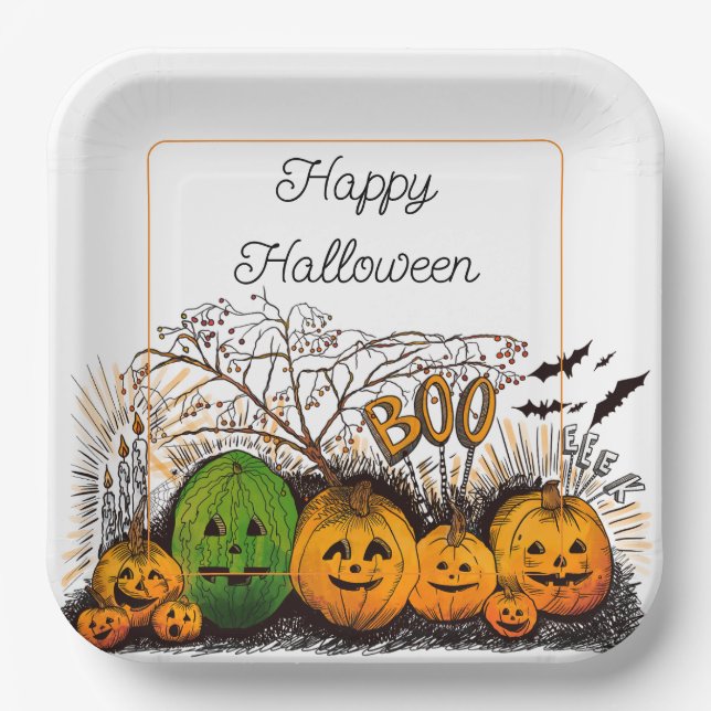 Plato De Papel Línea Jack-O-Lantern hacia arriba (Anverso)