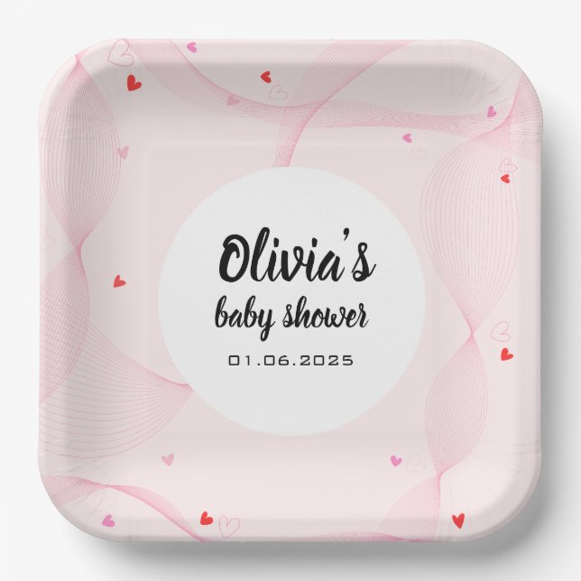 Plato De Papel Líneas onduladas rosadas con bonitos corazones roj (Anverso)