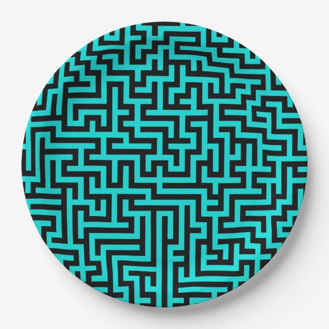 Plato De Papel Líneas turquesa de laberinto negro (Anverso)