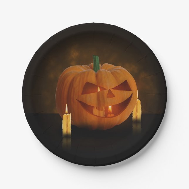 Plato De Papel Linterna de calabaza de Halloween con velas (Anverso)