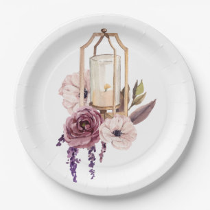 Plato De Papel Linterna de velas de oro con flores rosas claras y