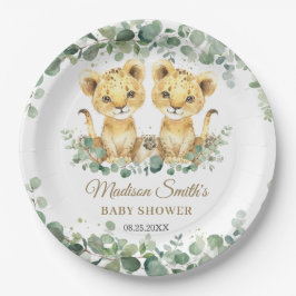 Plato De Papel Lion Cubs Greenery Twin Boys Baby Shower 