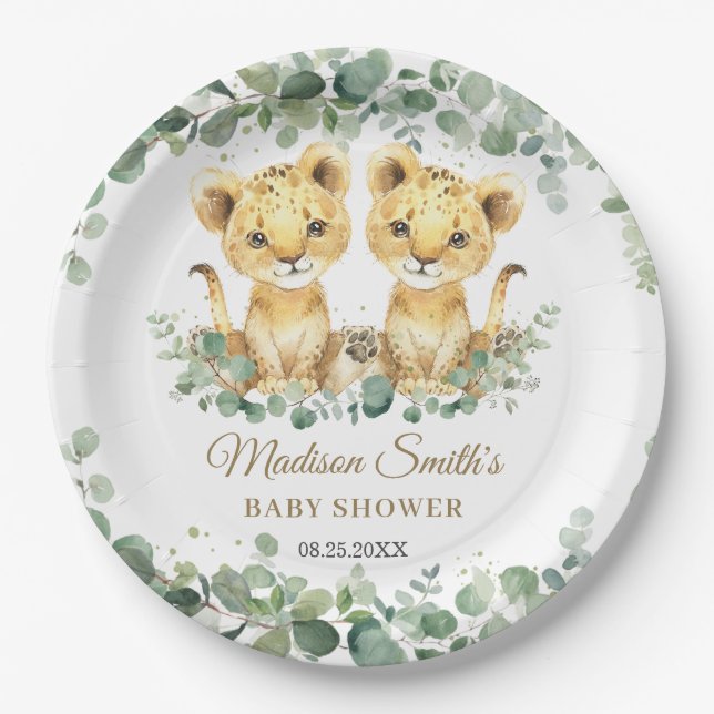 Plato De Papel Lion Cubs Greenery Twin Boys Baby Shower  (Anverso)