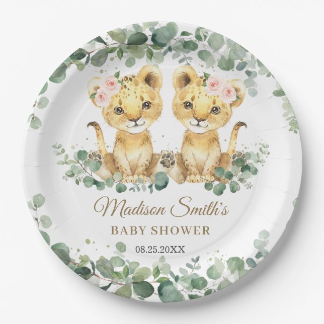 Plato De Papel Lion Cubs Greenery Twin Girls Baby Shower  (Anverso)