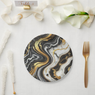 Plato De Papel Liquid Gold Negro Aspecto Mármol Glam Boda 