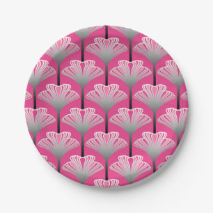 Plato De Papel Lirio Art Deco, fucsia rosa y gris plateado