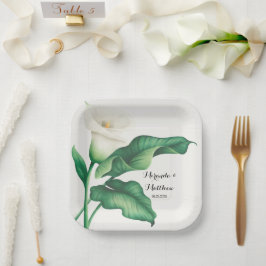 Plato De Papel Lirio blanco acuarela con Boda de follaje verde