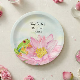 Plato De Papel Lirio de agua rosa y rana arborícola para bautizo
