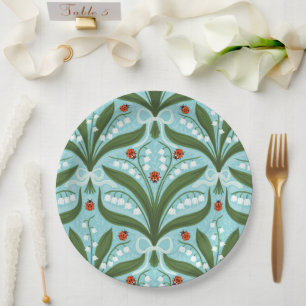 Plato De Papel Lirio de los valles y mariquitas simetría en verde
