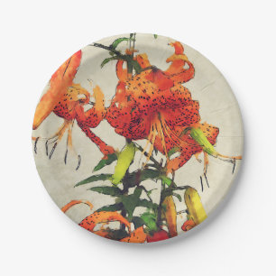 Plato De Papel Lirio de Tigre de Acuarela Naranja 1