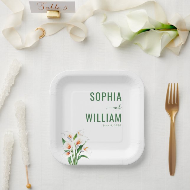 Plato De Papel Lirios Calla Verdes Elegantes (Boda)