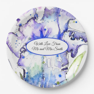 Plato De Papel Lirios de acuarela iris púrpura azul boda