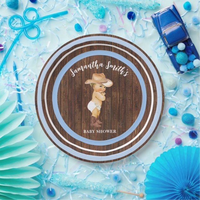 Plato De Papel Little Baby Cowboy Western Blue Baby Shower (Fiesta)