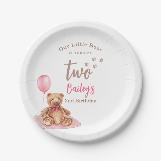 Plato De Papel Little Bear Pink Any Age Birthday (Anverso)