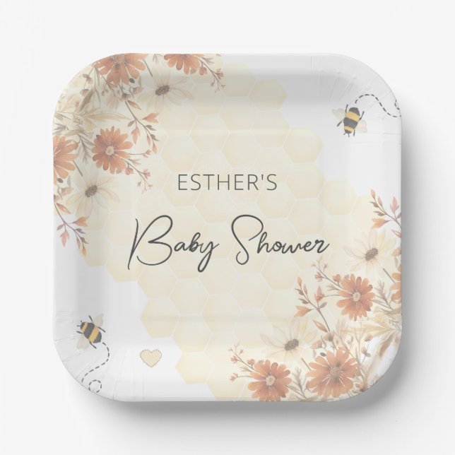 Plato De Papel Little Bee Honey Boho Wildflower Baby Shower (Anverso)