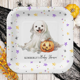Plato De Papel Little Boo Cuo Halloween Watercolor Baby Shower