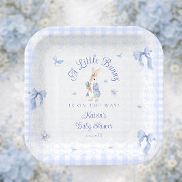 Plato De Papel Little Bunny Gingham Blue Baby Shower