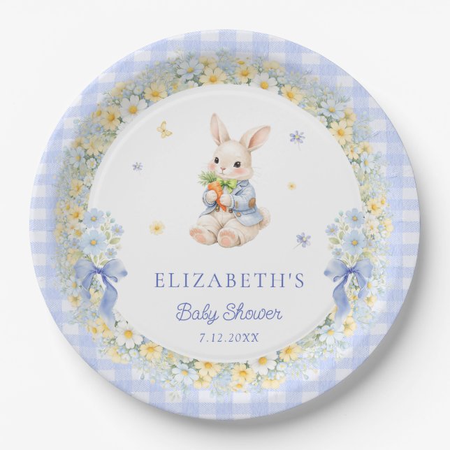 Plato De Papel Little Bunny Gingham Boy Baby Shower (Anverso)