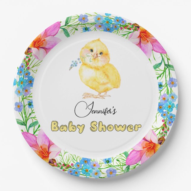Plato De Papel Little Chick Floral Baby Shower (Anverso)