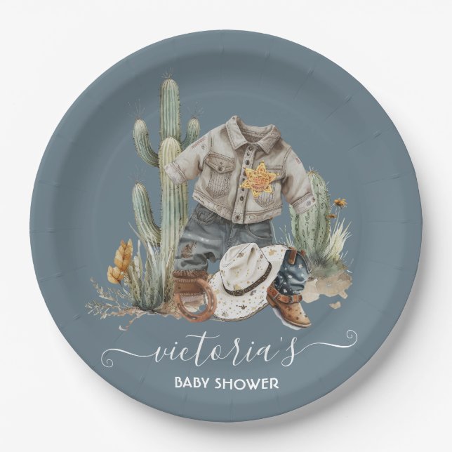 Plato De Papel Little Cowboy Western Watercolor Baby Shower (Anverso)