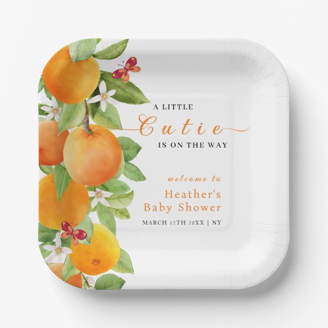 Plato De Papel Little Cutie Citrus Naranja Clementine Baby Shower (Anverso)