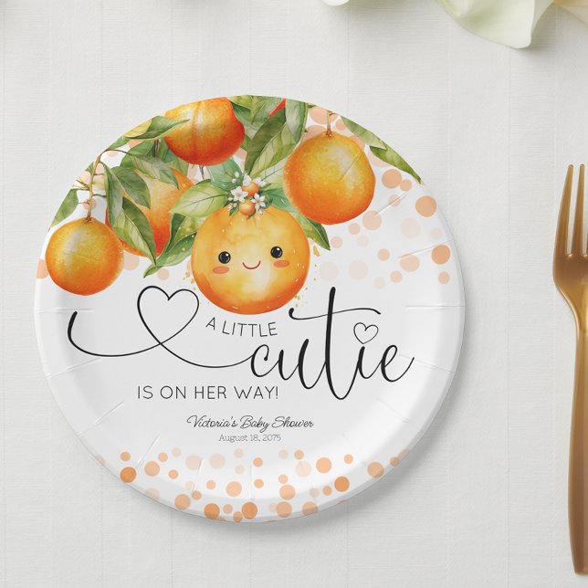 Plato De Papel Little Cutie Naranja Citrus Baby Shower (Little cutie baby shower paper plates with adorable little face. You can add text to personalize.)
