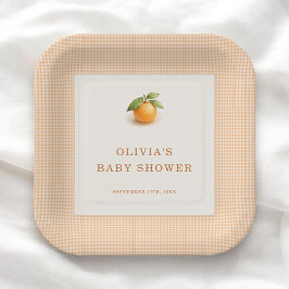 Plato De Papel Little Cutie Orange Gingham Baby Shower Party