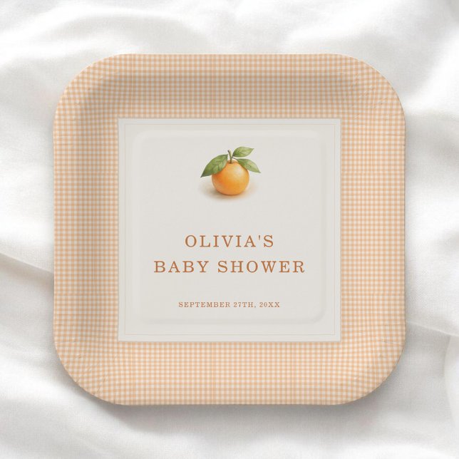 Plato De Papel Little Cutie Orange Gingham Baby Shower Party (Subido por el creador)