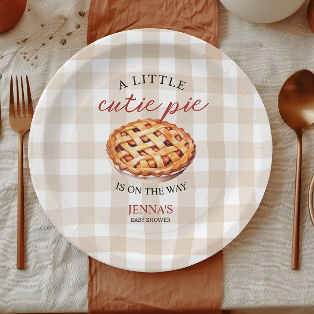 Plato De Papel Little Cutie Pie Baby Shower Gingham Fall (A little cutie pie is on the way baby shower fall themed gingham personalized paper plate)