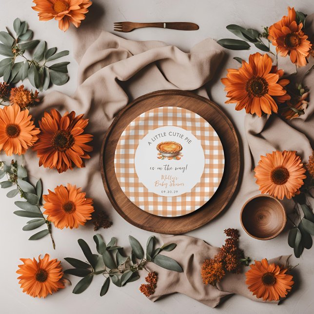 Plato De Papel Little Cutie Pie Fall Pumpkin Gingham Baby Shower (Little Cutie Pie Baby Shower Paper Plate  )