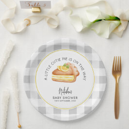 Plato De Papel Little Cutie Pie Gray Gingham Plaid Baby Shower