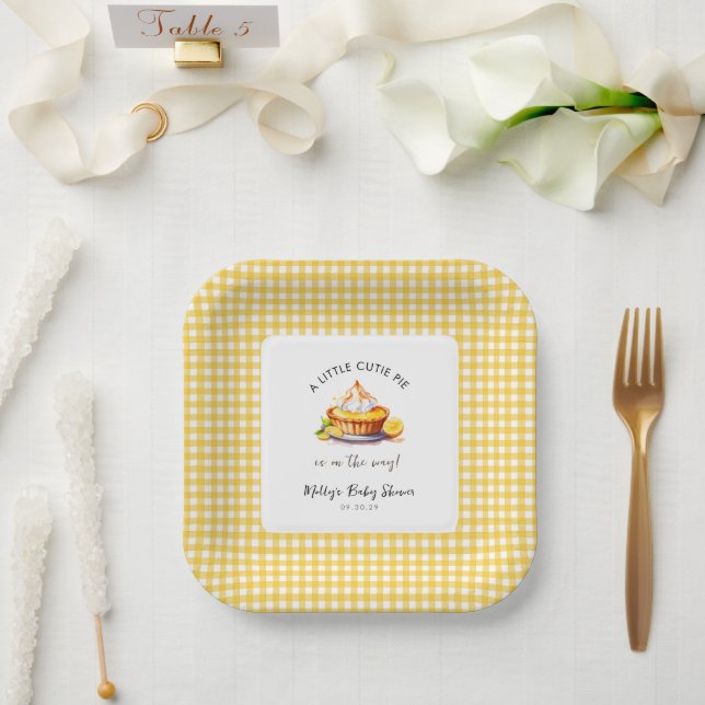 Plato De Papel Little Cutie Pie Lemon Gingham Baby Shower (Boda)