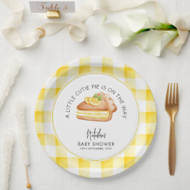 Plato De Papel Little Cutie Pie Yellow Gingham Plaid Baby Shower